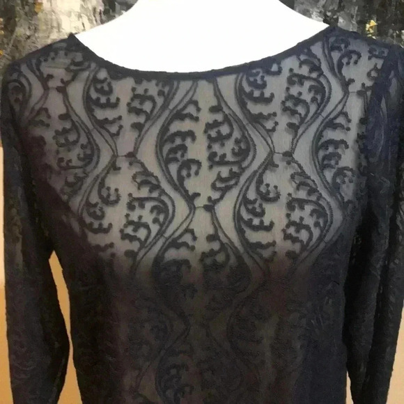NWT Ann Taylor LOFT Navy Blue Floral Jacquard Sheer Long Sleeved Top-MP - Picture 5 of 12
